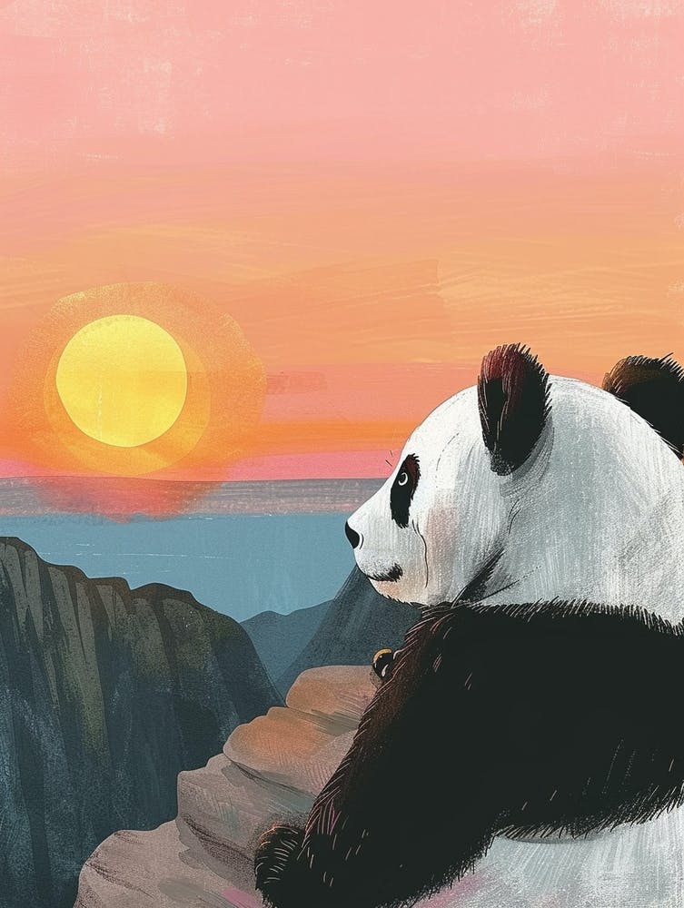 Giant Panda Looking At A Sunset From A Mountaintop Storybook Illustration 1