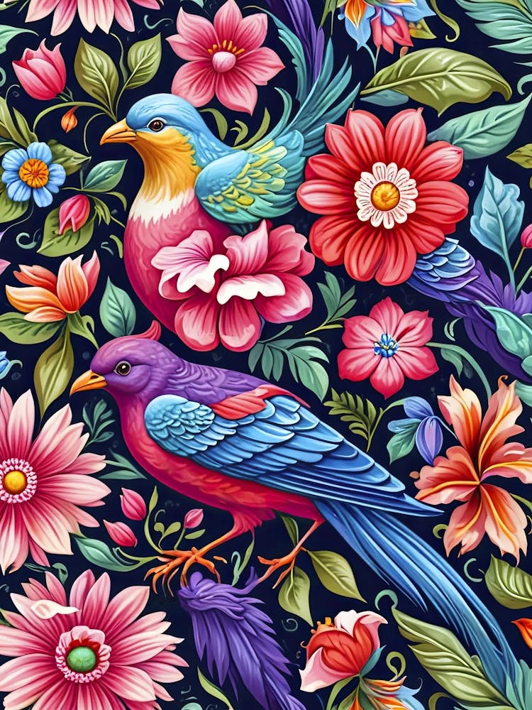 Tropical birds and flowers - colorful poster 2