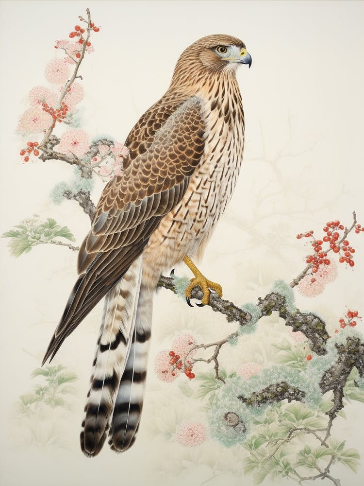 Ohara Koson Inspired Bird Painting Red Tailed Hawk 4