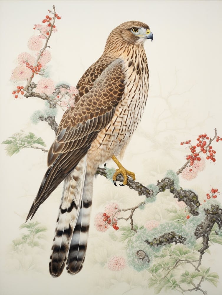 Ohara Koson Inspired Bird Painting Red Tailed Hawk 4