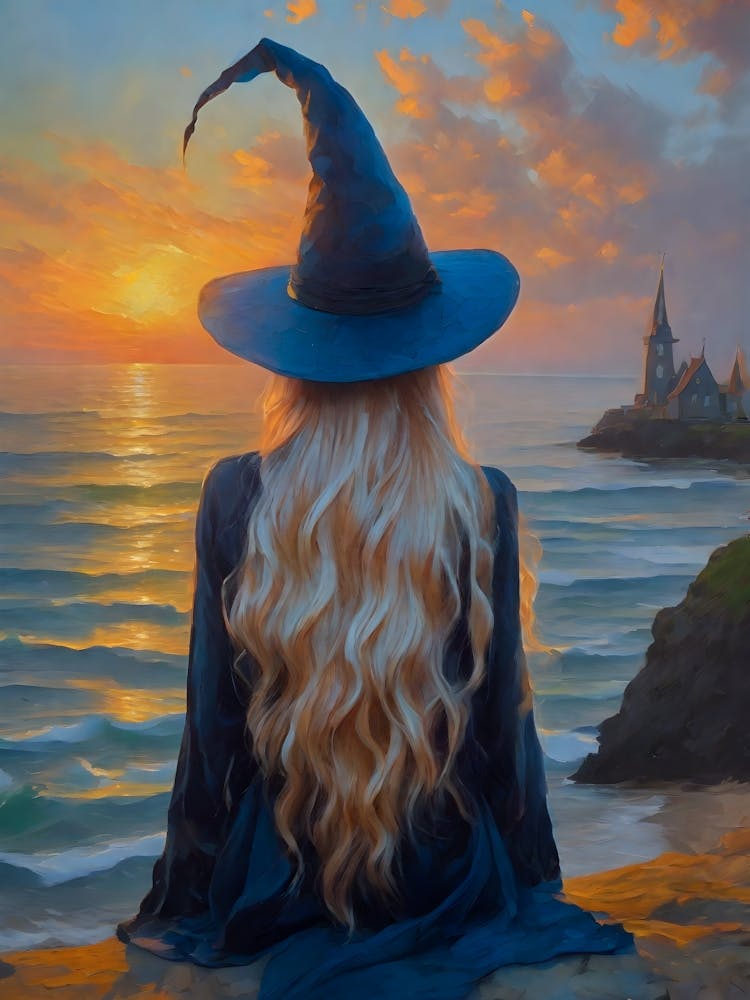 Blonde Haired Witch by the Water's Edge - West Coast Sunset HD by John Arwen -blonde, hair, witchy, witchcraft, pagan, summer, halloween, fine art, oil paint, gallery, feature wall, wicca, erotic, tasteful, nude, spells, zodiac, astrology, sea, witch, beautiful High Resolution