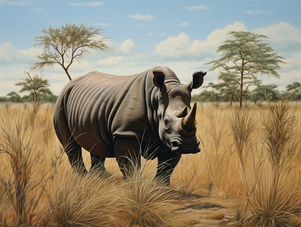 Black Rhinoceros Grazing In The African Savannah Realism 4