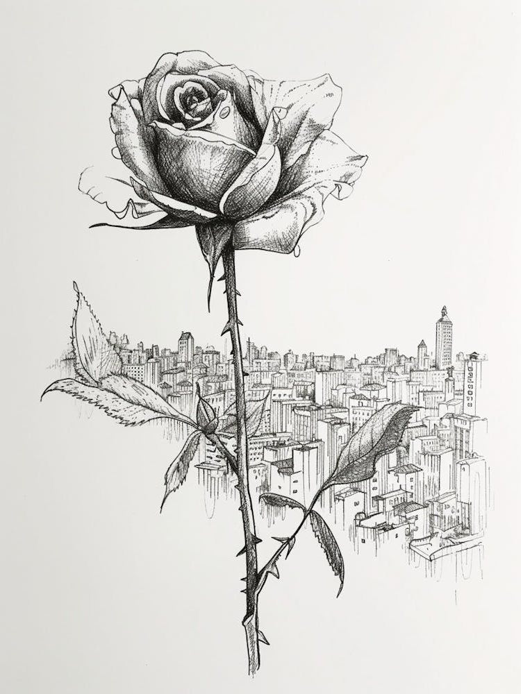 English Rose In The City Line Drawing 2