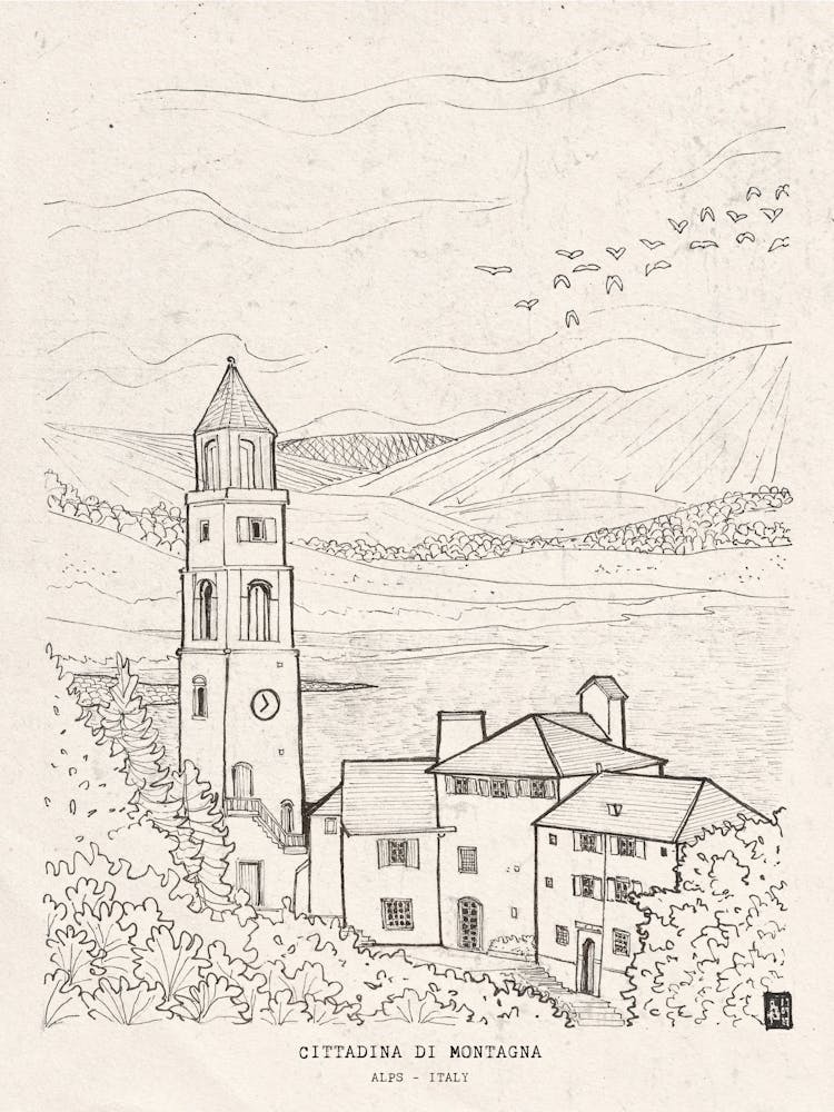 Cittadina Di Montagna - Italian Alps Mountain Town - Pen & Ink Landscape Illustration - Italy Wall Art