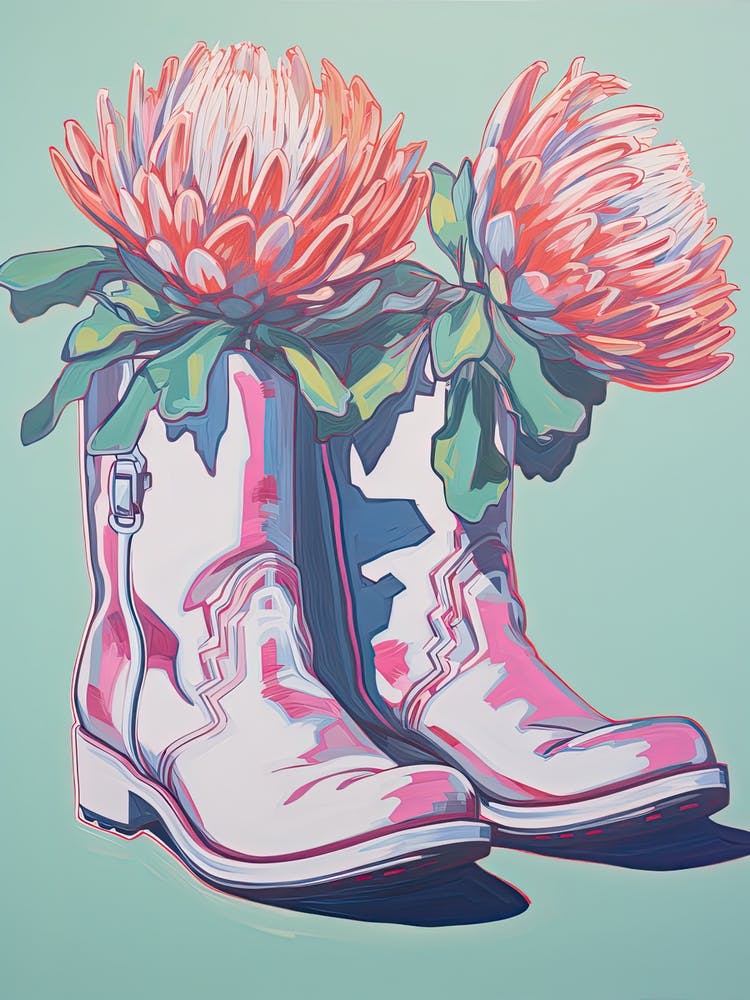 A Painting Of Cowboy Boots With Protea Flowers, Fauvist Style, Still Life 3