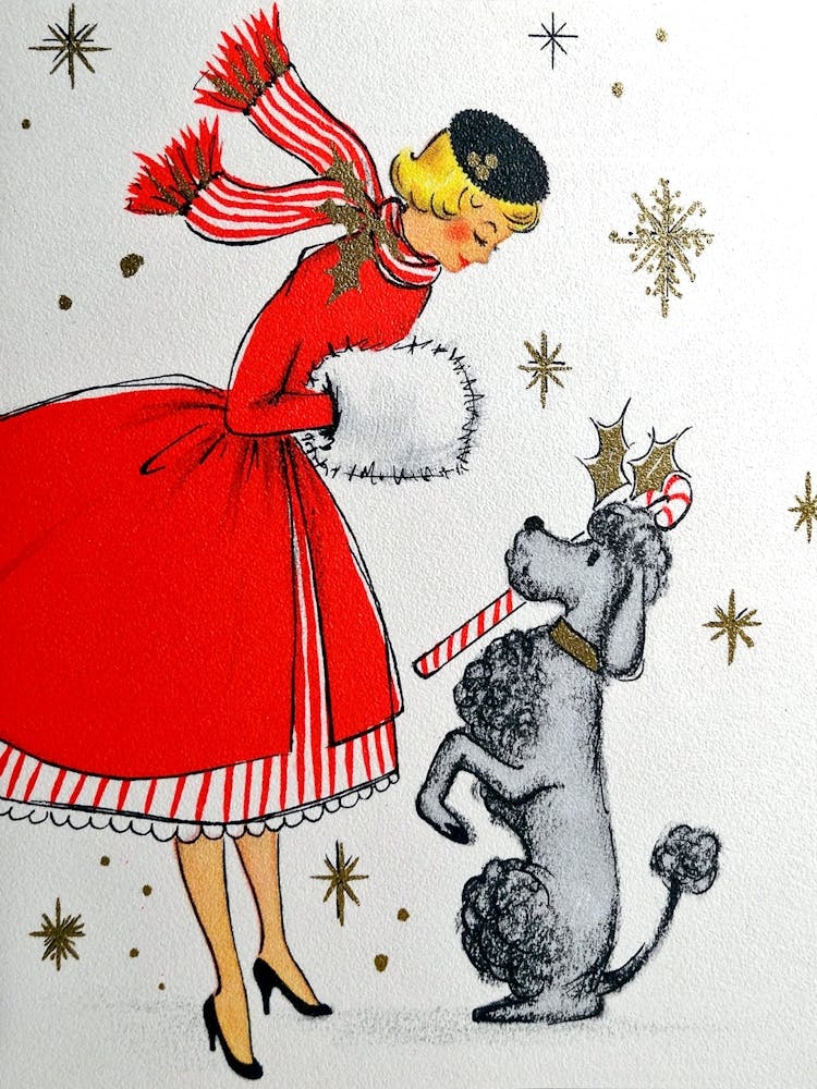 Woman In Red Holiday Dress And A Sweet Dog