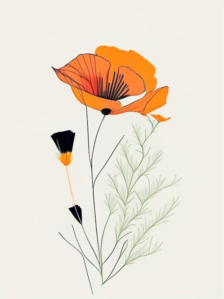 California Poppy Spices And Herbs Minimal Line Drawing 5
