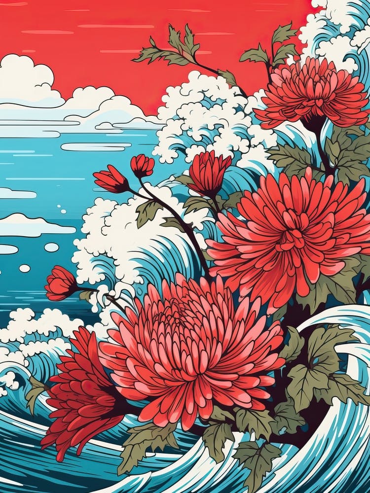 Great Wave With Aster Flower Drawing In The Style Of Ukiyo E 2