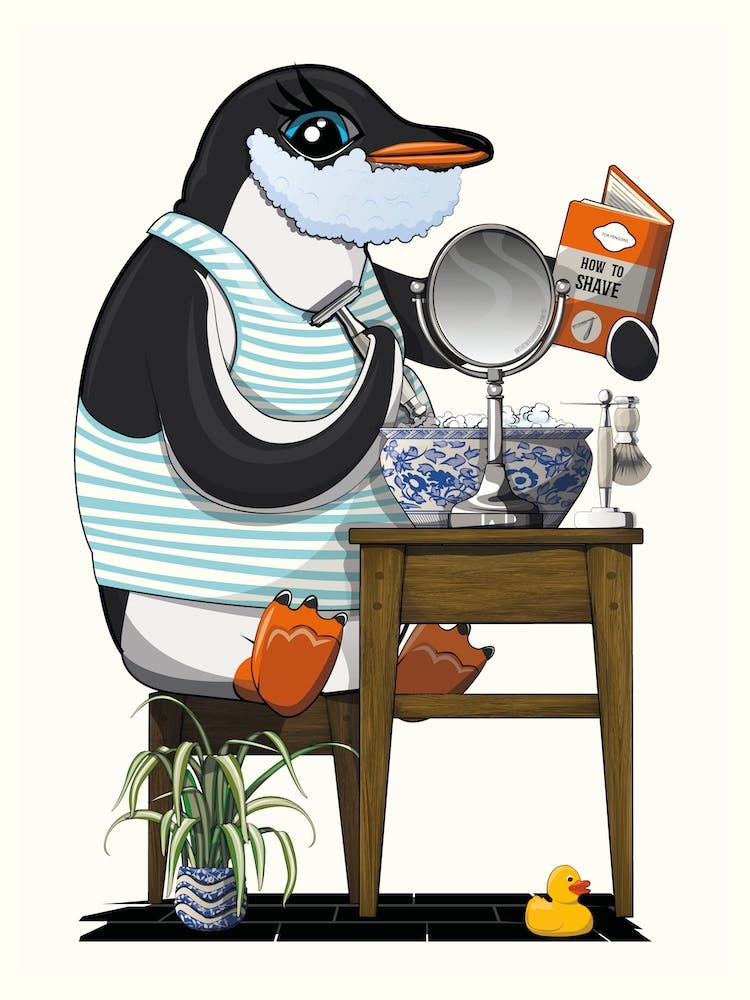 Penguin Shaving in the Bathroom