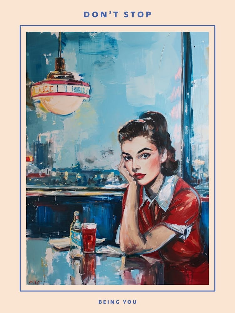 American Diner Retro Woman Portrait Red & Blue Poster