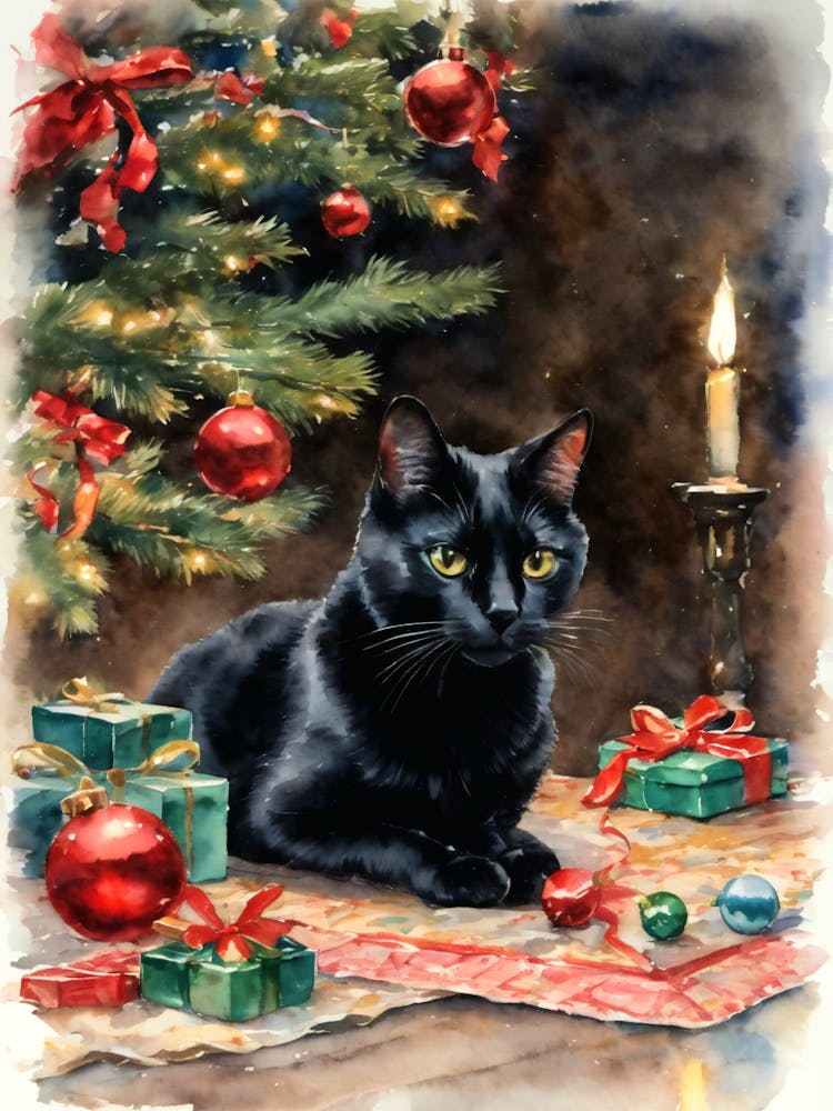 Vintage Christmas Black Cat - Winter Scene Black Cat in Santa Hat