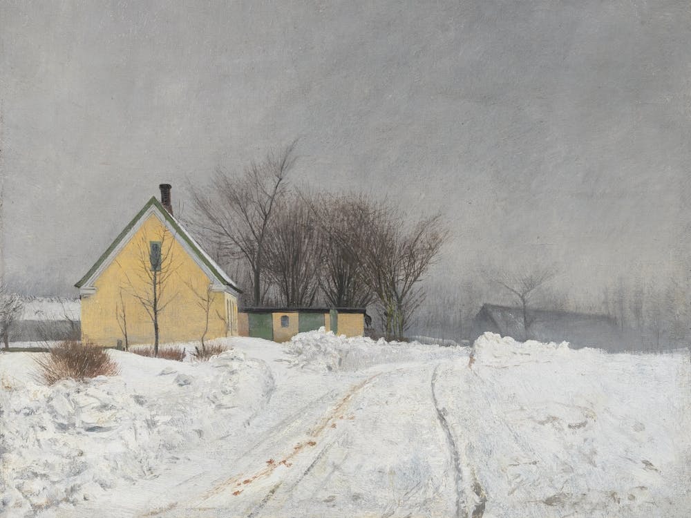 Yellow House in the Snow, Vintage Winter Landscape