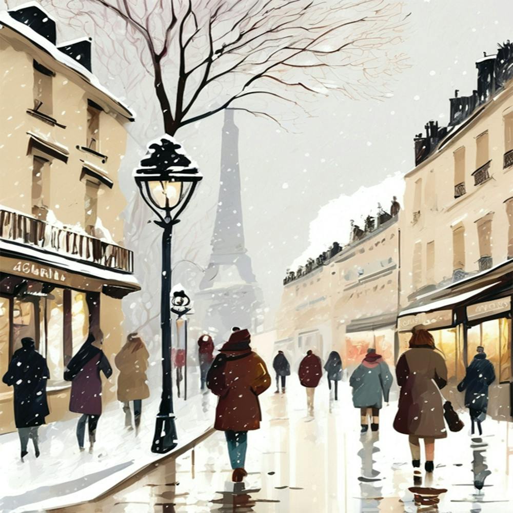 Paris cafes, winter season, Christmas, pale colors, pedestrians in the street, winter clothes, falling snow.6