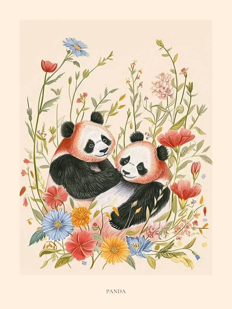 Folksy Floral Animal Drawing Panda 4 Poster