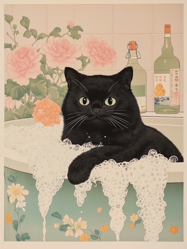 Black Cat In A Bathtub Relaxation Poster, Japan Cat Wall Art