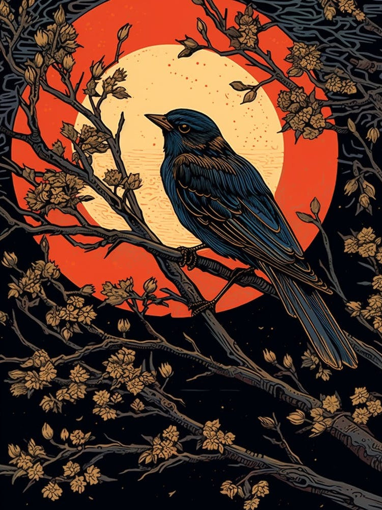 Birds And Branches Linocut Style 8