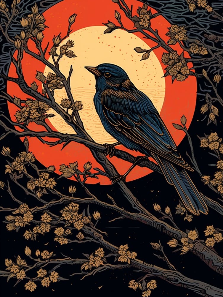 Birds And Branches Linocut Style 8