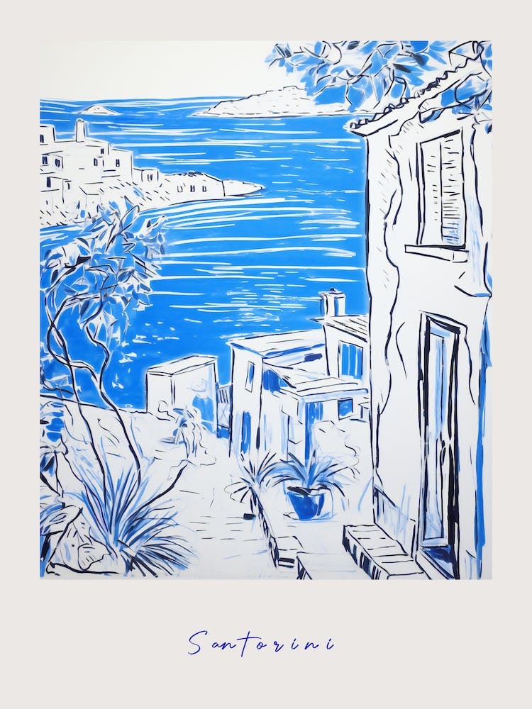 Santorini Greece 3 Mediterranean Blue Drawing Poster