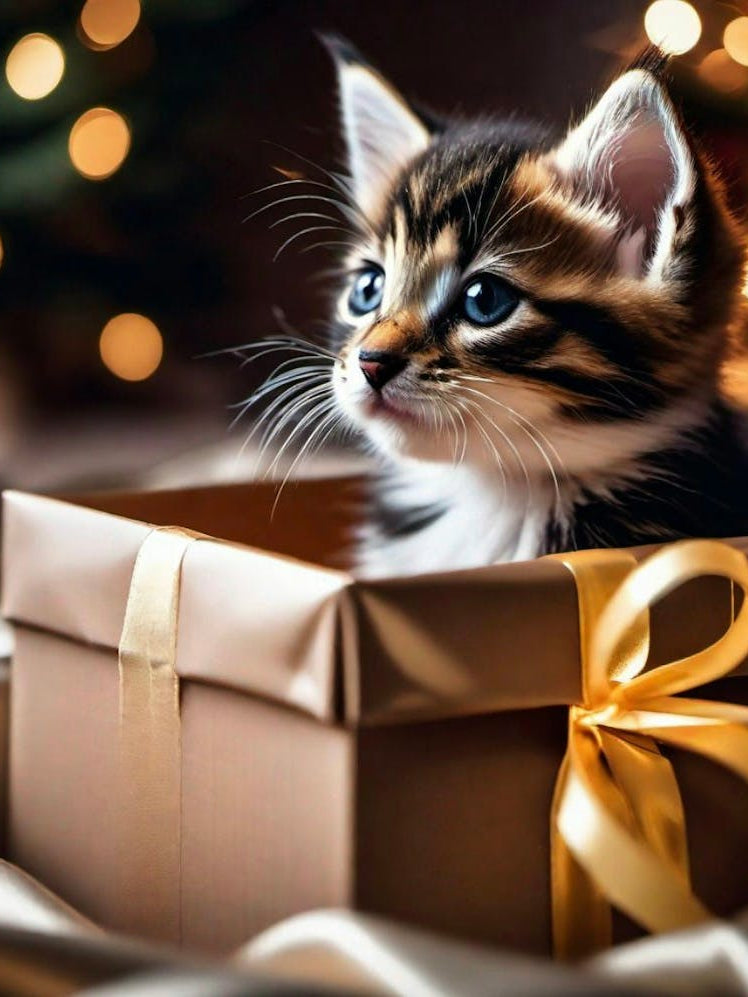 Cat with presents, golden lights
