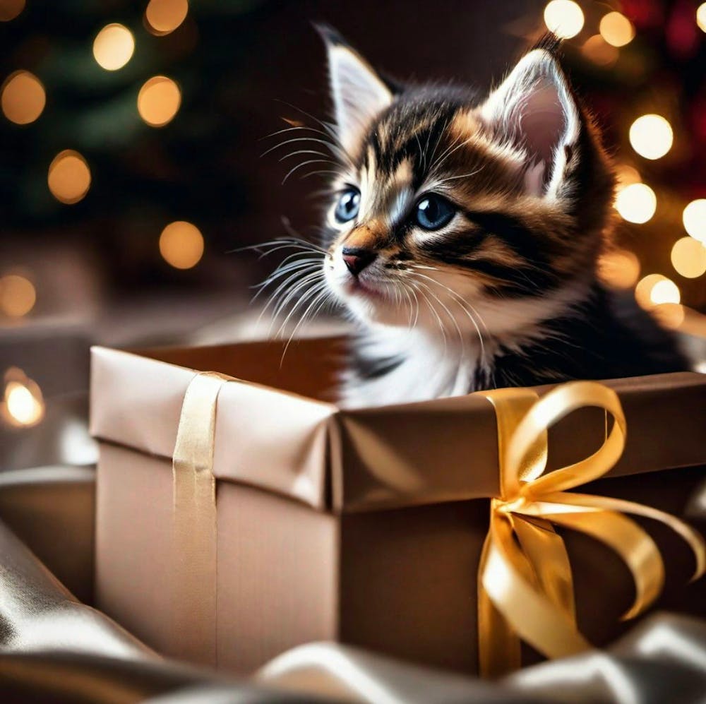 Cat with presents, golden lights