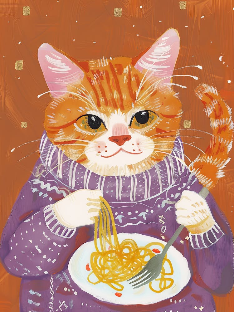 Orange Cat Pasta Lover Folk Illustration 1