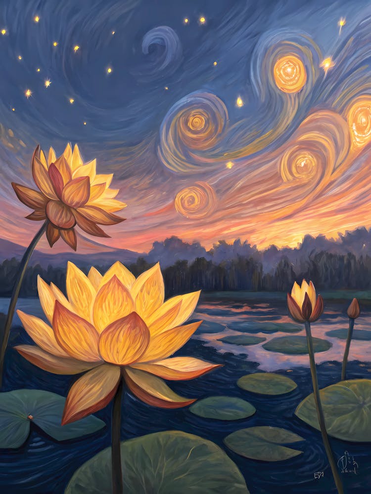 Van Gogh Lotus Pond Starry Night with Orange Blooms
