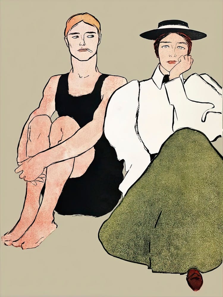 Vintage Woman And Man In Swimsuit Illustration, Edward Penfield