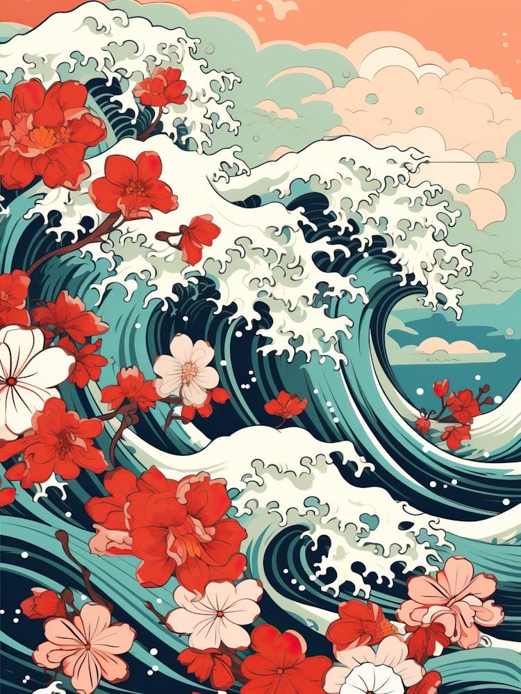 Great Wave With Jasmine Flower Drawing In The Style Of Ukiyo E 1