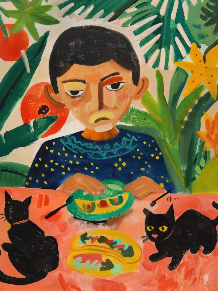 Portrait Of A Boy With Black Cats Eating A Taco