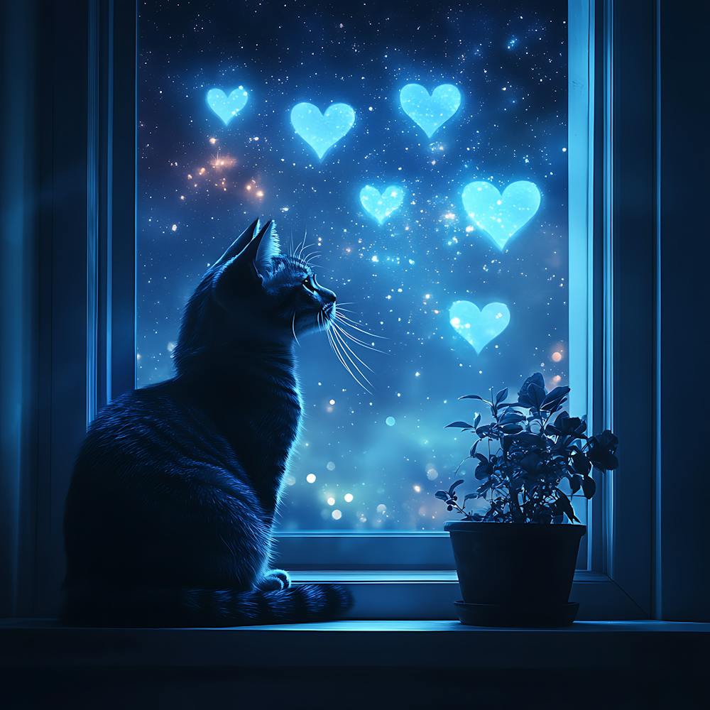 Dreamy Night Sky with Heart Stars Cat 11