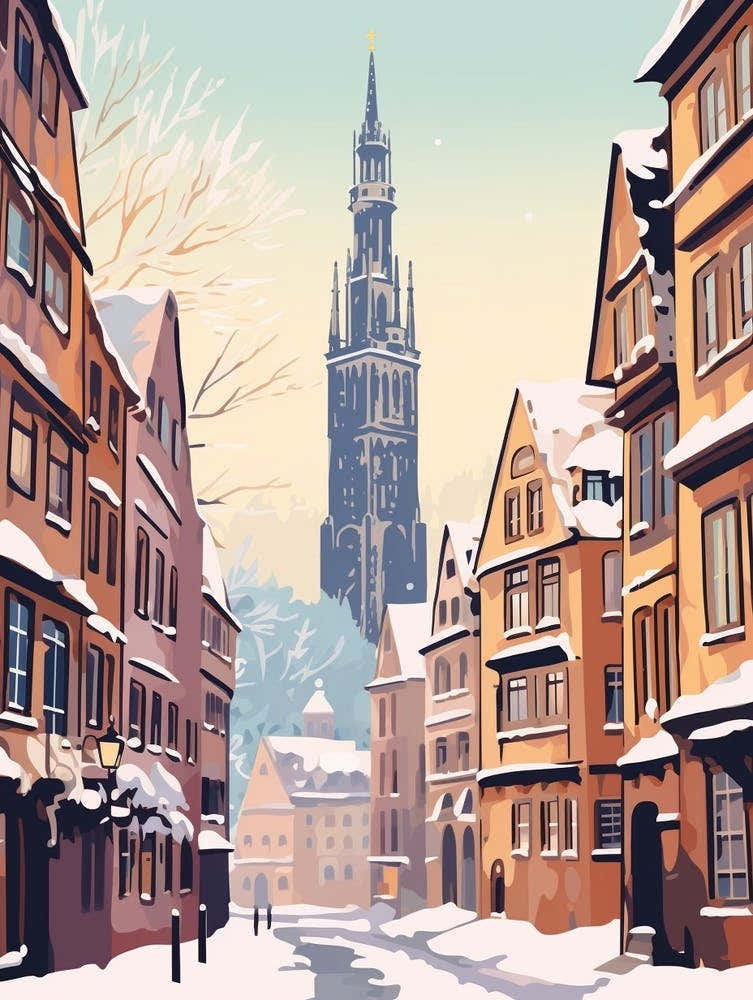 Vintage Winter Travel Illustration Strasbourg France 3