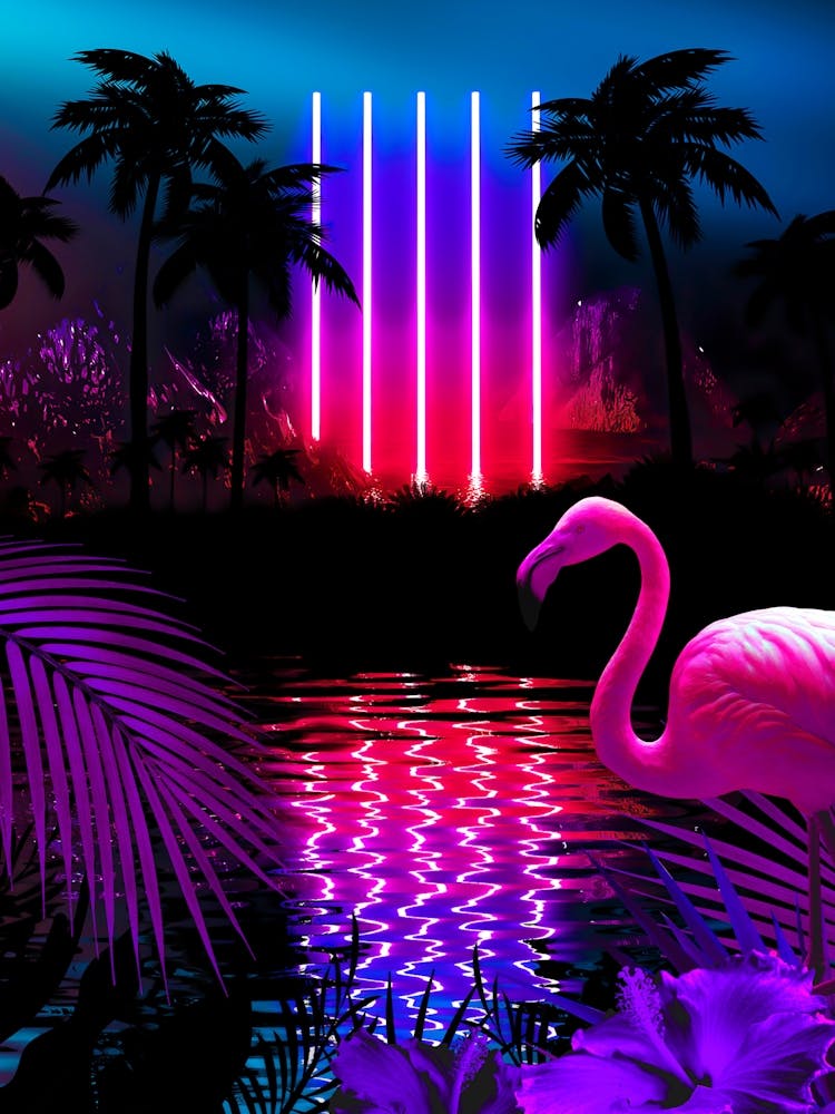 Neon landscape: Neon pillars & flamingo [synthwave/vaporwave/cyberpunk] — aesthetic retrowave neon poster