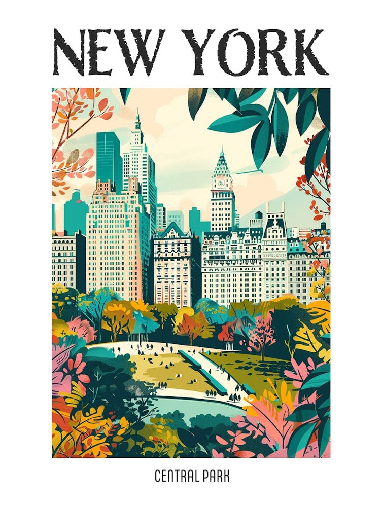 Central Park New York Colourful Silkscreen Illustration 2 Poster