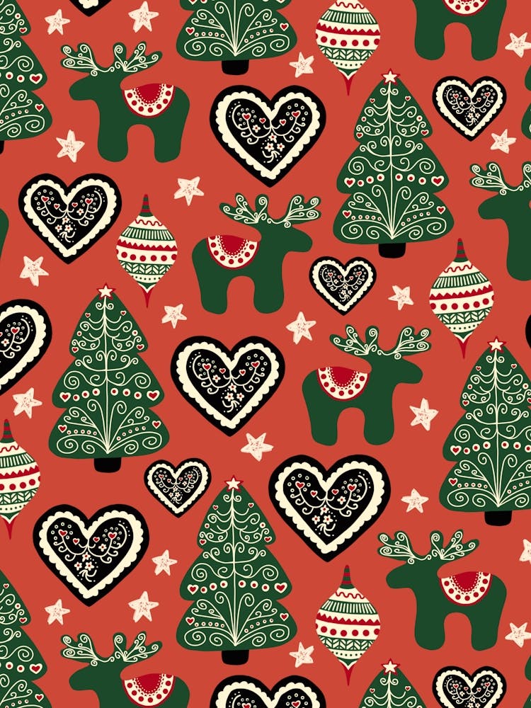 Scandinavian Ornate Folk Art Reindeer, Hearts, Ornaments, and Christmas Trees