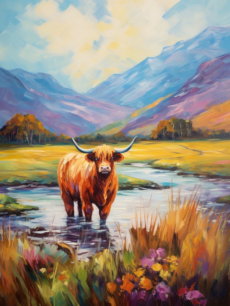 Impressionism Style Painting Of A Highland Cattle In The River 1