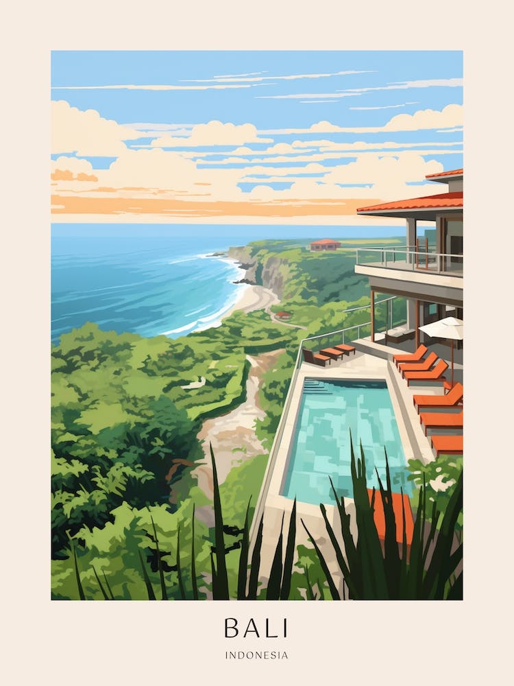 Bali, Indonesia Midcentury Modern Pool Poster