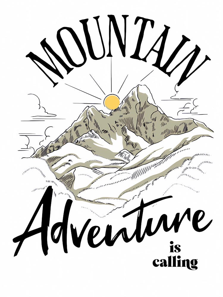 Vintage hand-drawn sketch of a mountain range and sunrise with the motivational quote "Mountain Adventure is calling."