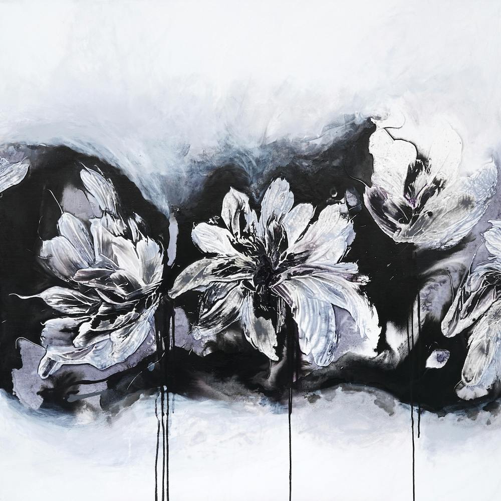 White And Black Flowers 2 Painting Square