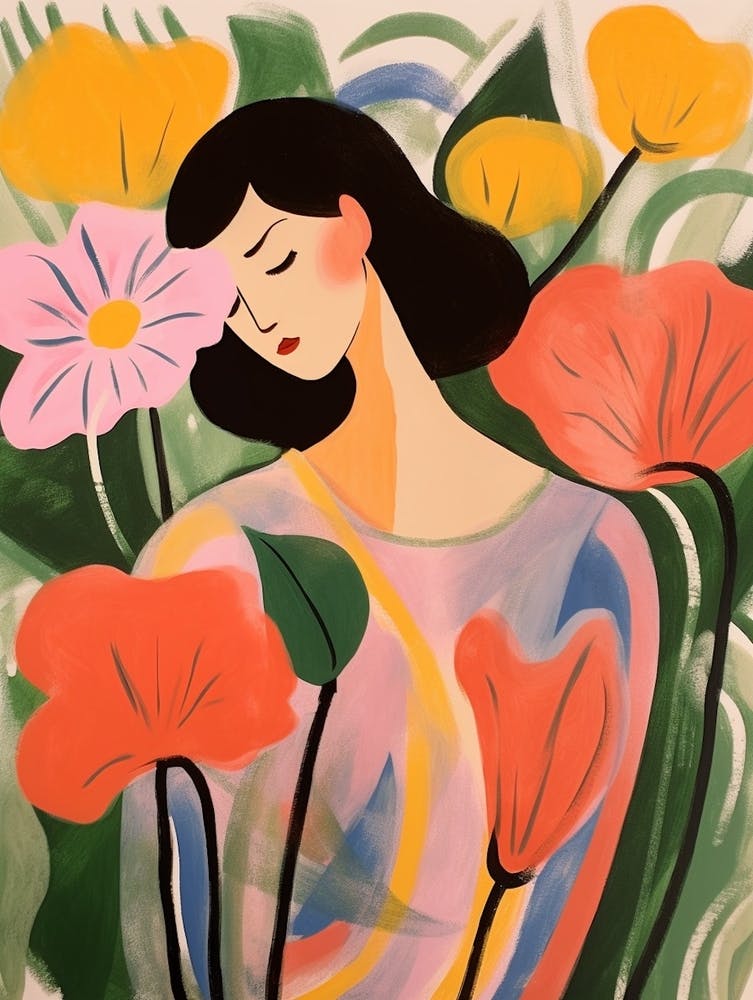 Frau mit Herbstblumen Flamingoblume