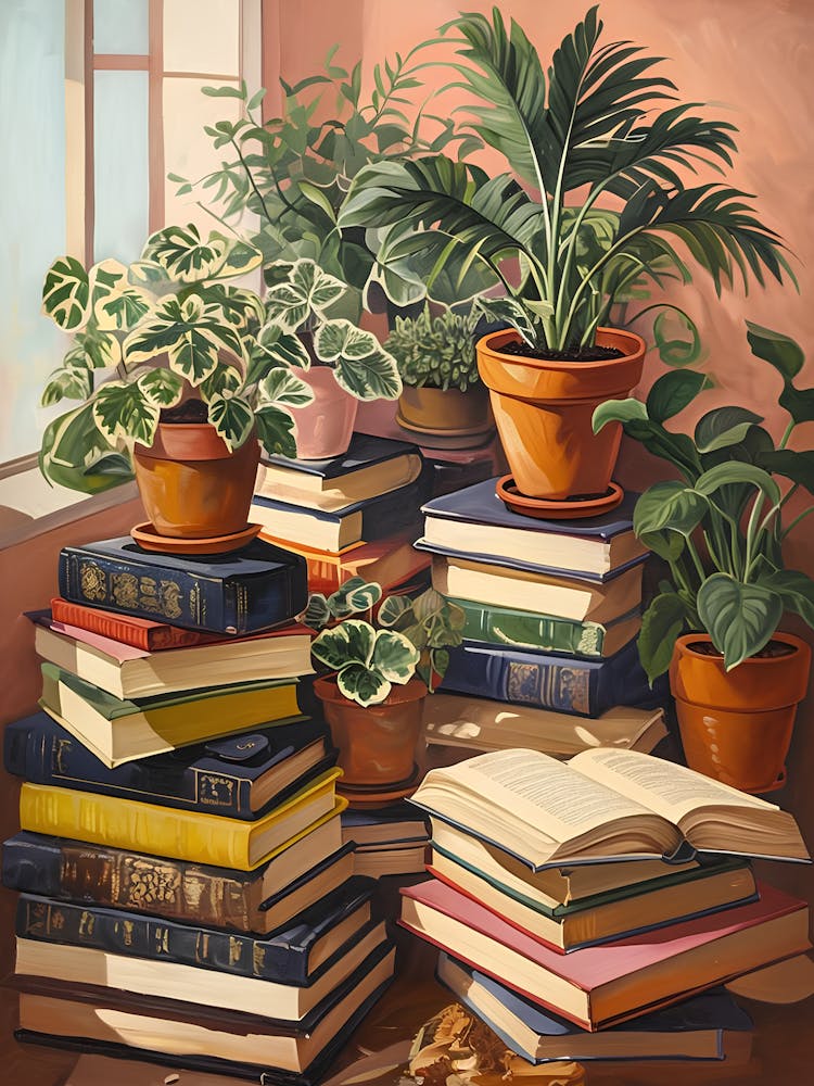Serene Indoor Scene With Books And Lush Houseplants