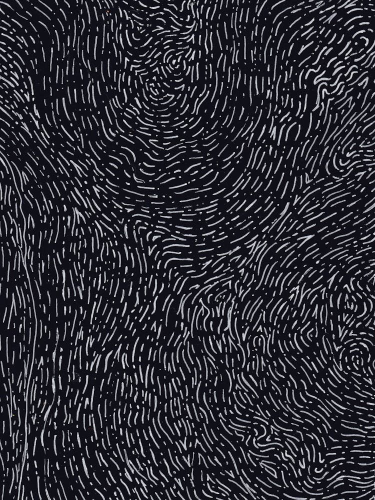 Lines Art Swirl Print. Lines Dotted Sketch on Black Paper.