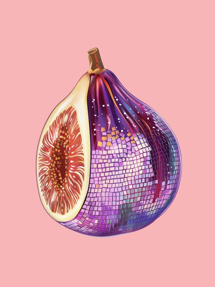 Disco Ball Fig Pink Art Disco Poster Trendy Aesthetic Art Food Kitchen