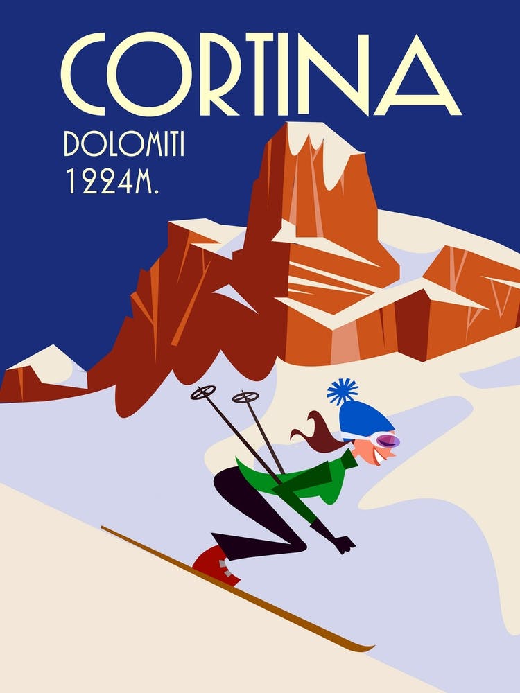 Cortina Dolomiti Ski Poster White & Navy