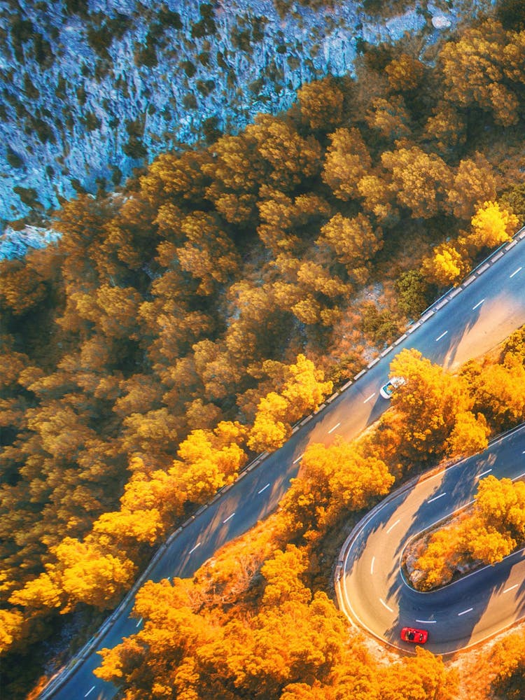 Aerial View Of Mountain Road In Autumn