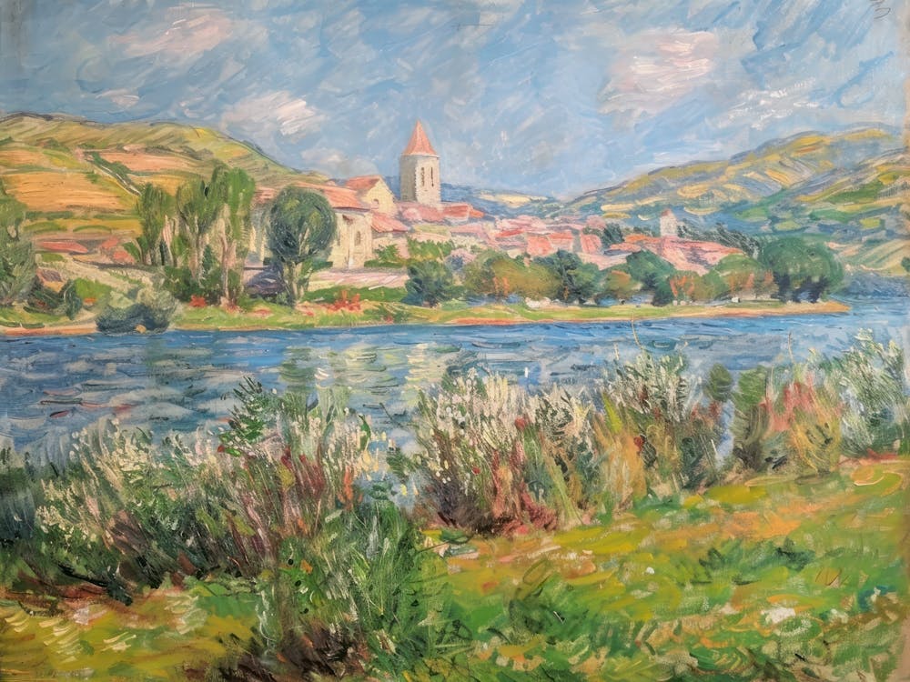 Shimmering Shore View Painting Inspired By Paul Cezanne