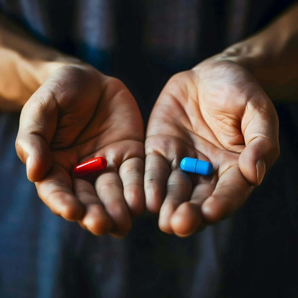 Hands Holding red and blue Pill