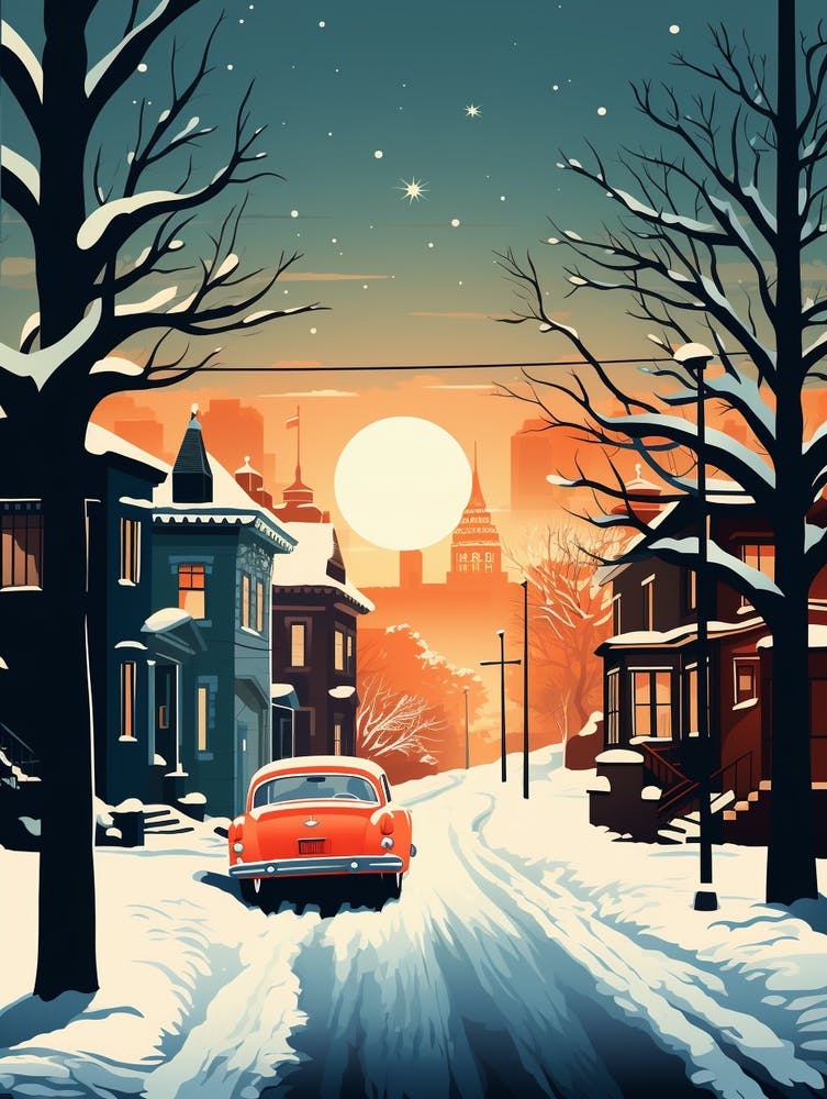 Winter Travel Night Illustration Boston Usa 4