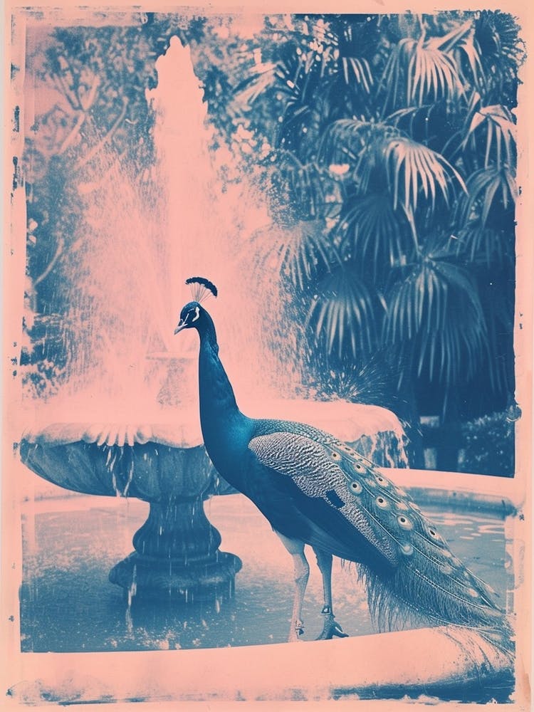 Pink & Blue Peacock In The Fountain