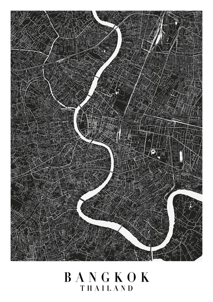 Bangkok Thailand Minimal Black Mono Street Map 