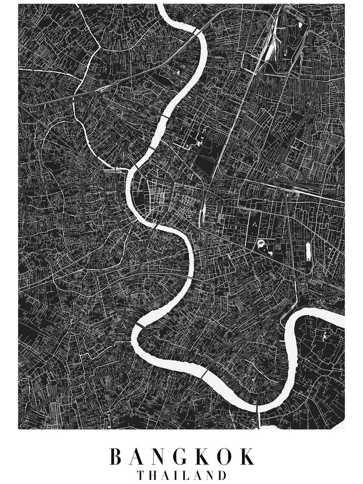 Bangkok Thailand Minimal Black Mono Street Map 